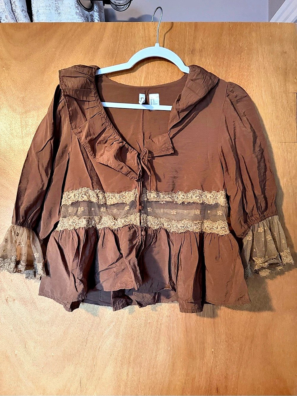 Divided Brown Lace Trim Blouse Size XS Like New